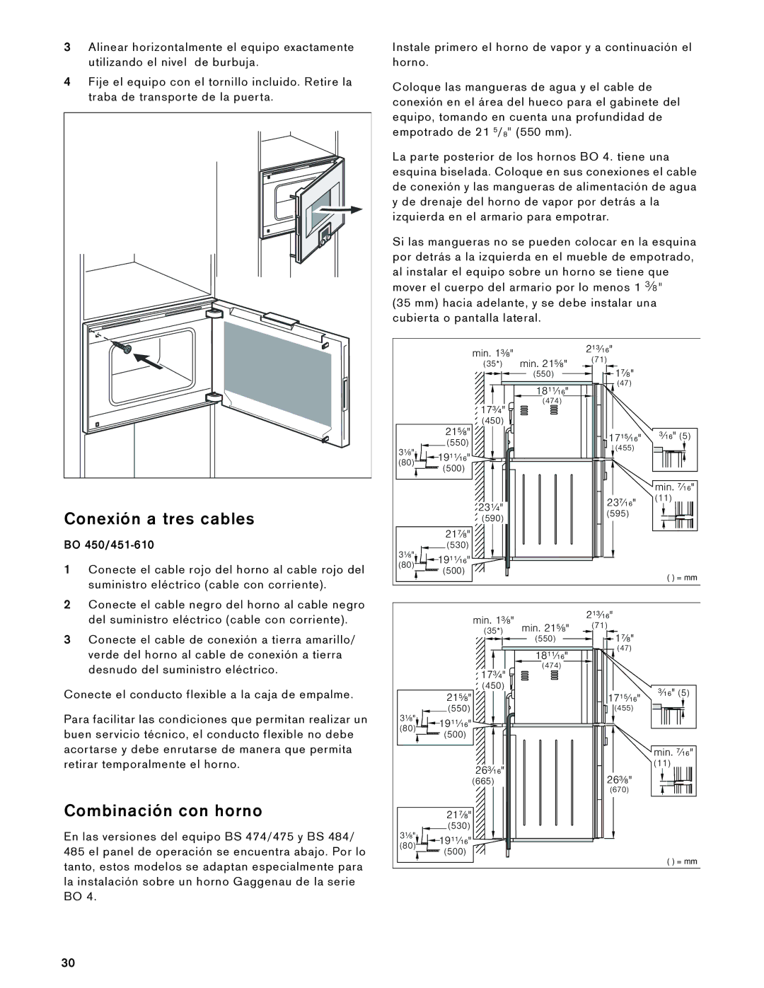 Gaggenau 475 610, 485 610, BS 474, BS 484 installation instructions Conexión a tres cables, Combinación con horno 