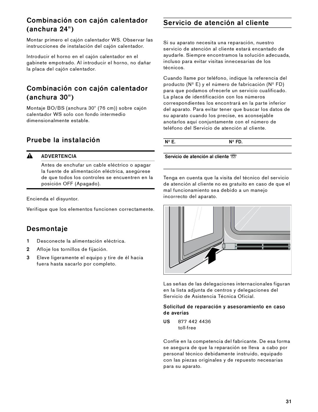 Gaggenau BS 484, 485 610, BS 474, 475 610 Combinación con cajón calentador anchura, Pruebe la instalación, Desmontaje 