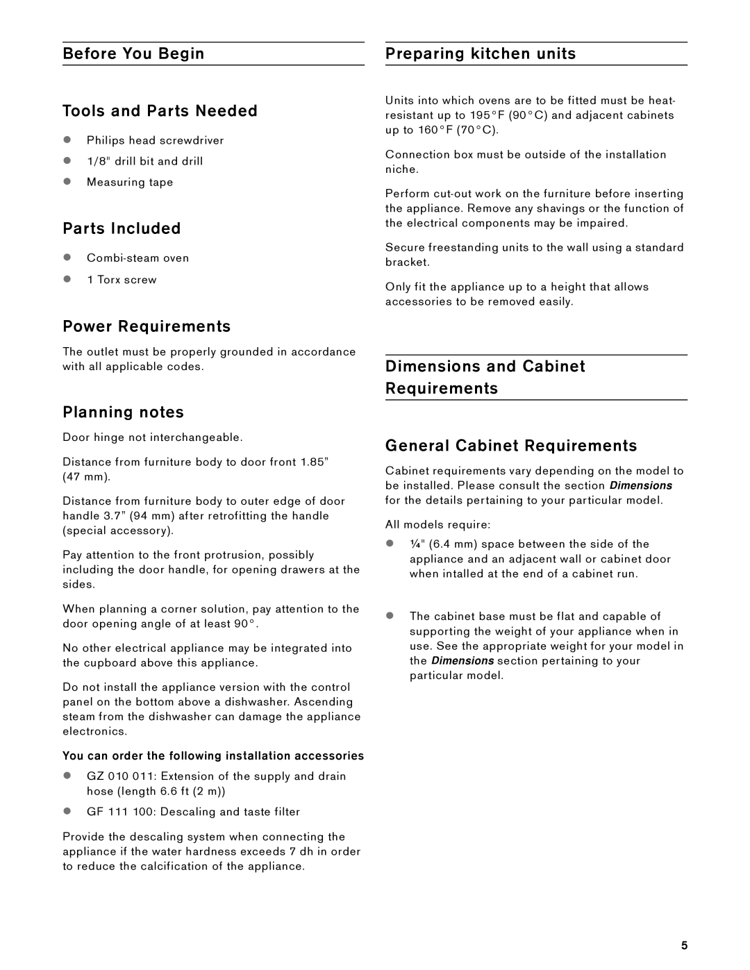 Gaggenau BS 474, 485 610 Before You Begin Tools and Parts Needed, Parts Included, Power Requirements, Planning notes 
