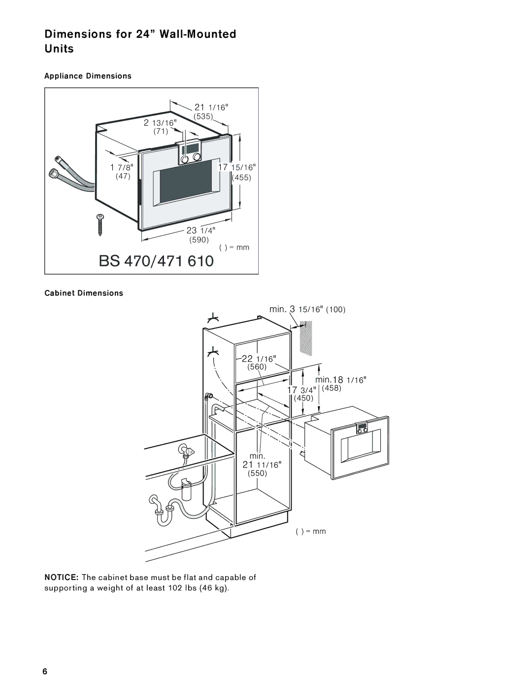 Gaggenau 475 610, 485 610, BS 474, BS 484 Dimensions for 24 Wall-Mounted Units, Appliance Dimensions, Cabinet Dimensions 