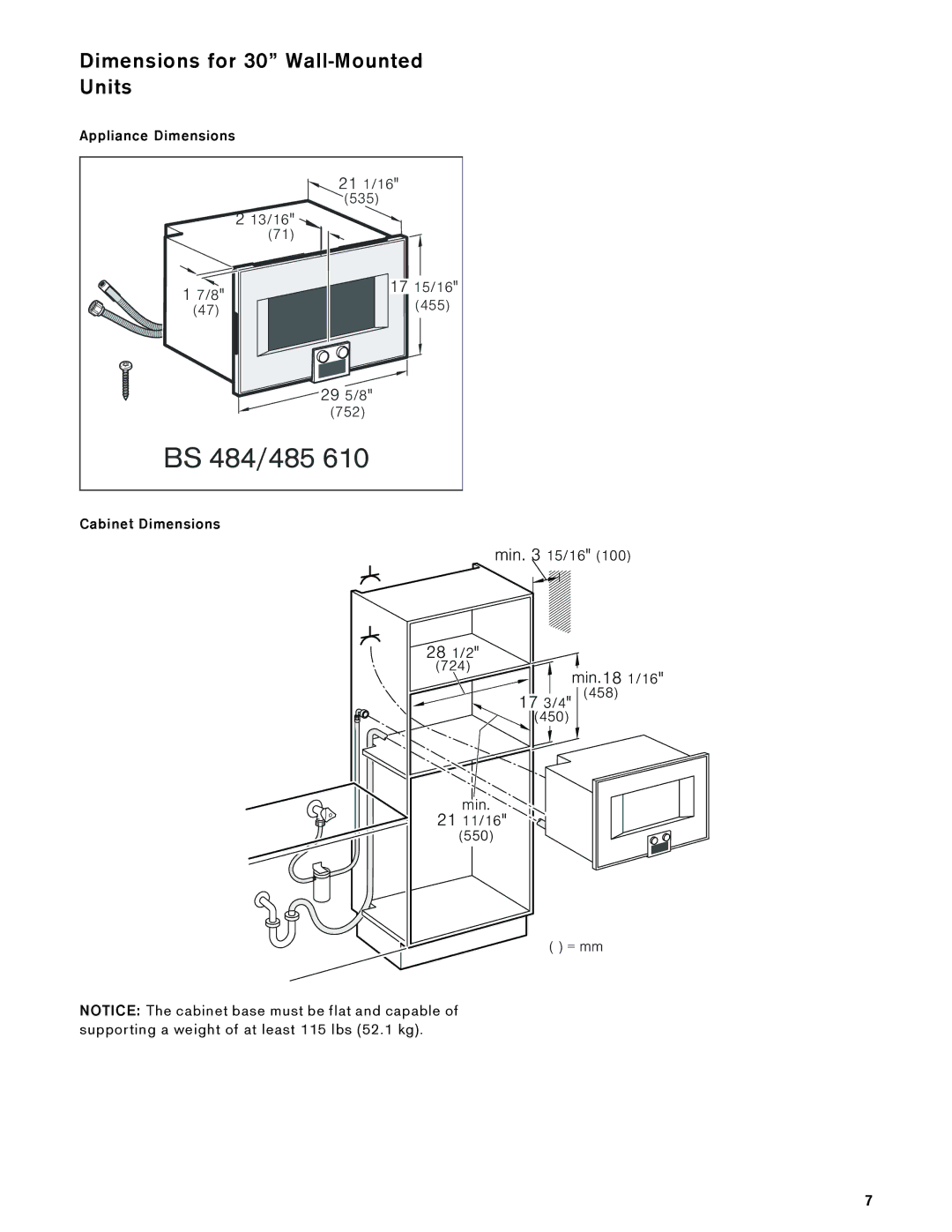 Gaggenau BS 484, 485 610, BS 474, 475 610 installation instructions Dimensions for 30 Wall-Mounted Units,  