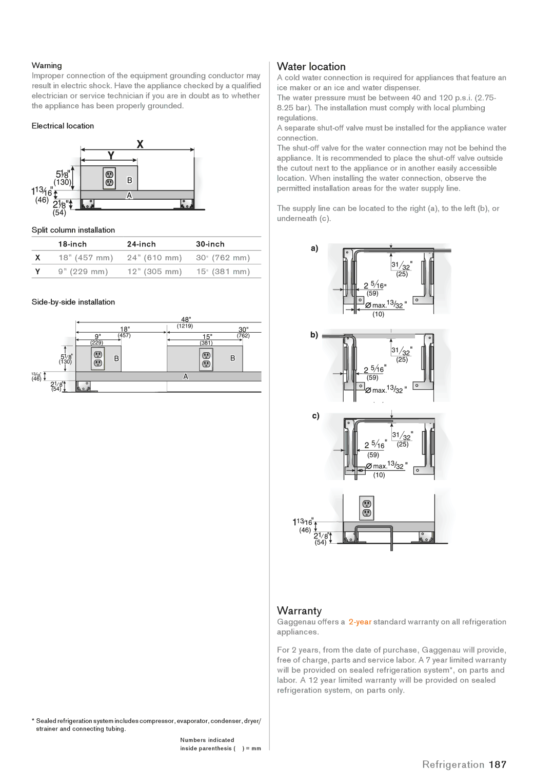 Gaggenau 603, 762, 756, 830, 690, 265, 457, 395, 677, 235, 385, 525, 330, 363, 610, 538, 299, 451 dimensions Water location, Warranty 