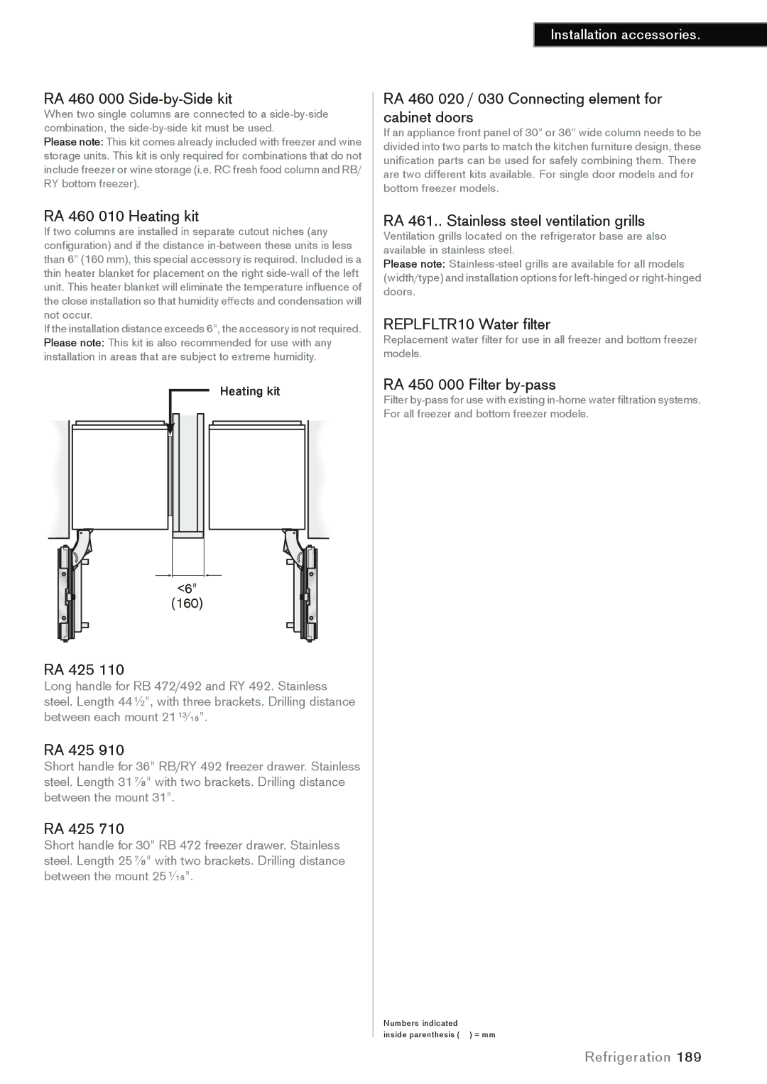 Gaggenau 451, 762 RA 460 000 Side-by-Side kit, RA 460 010 Heating kit, RA 425, RA 461.. Stainless steel ventilation grills 