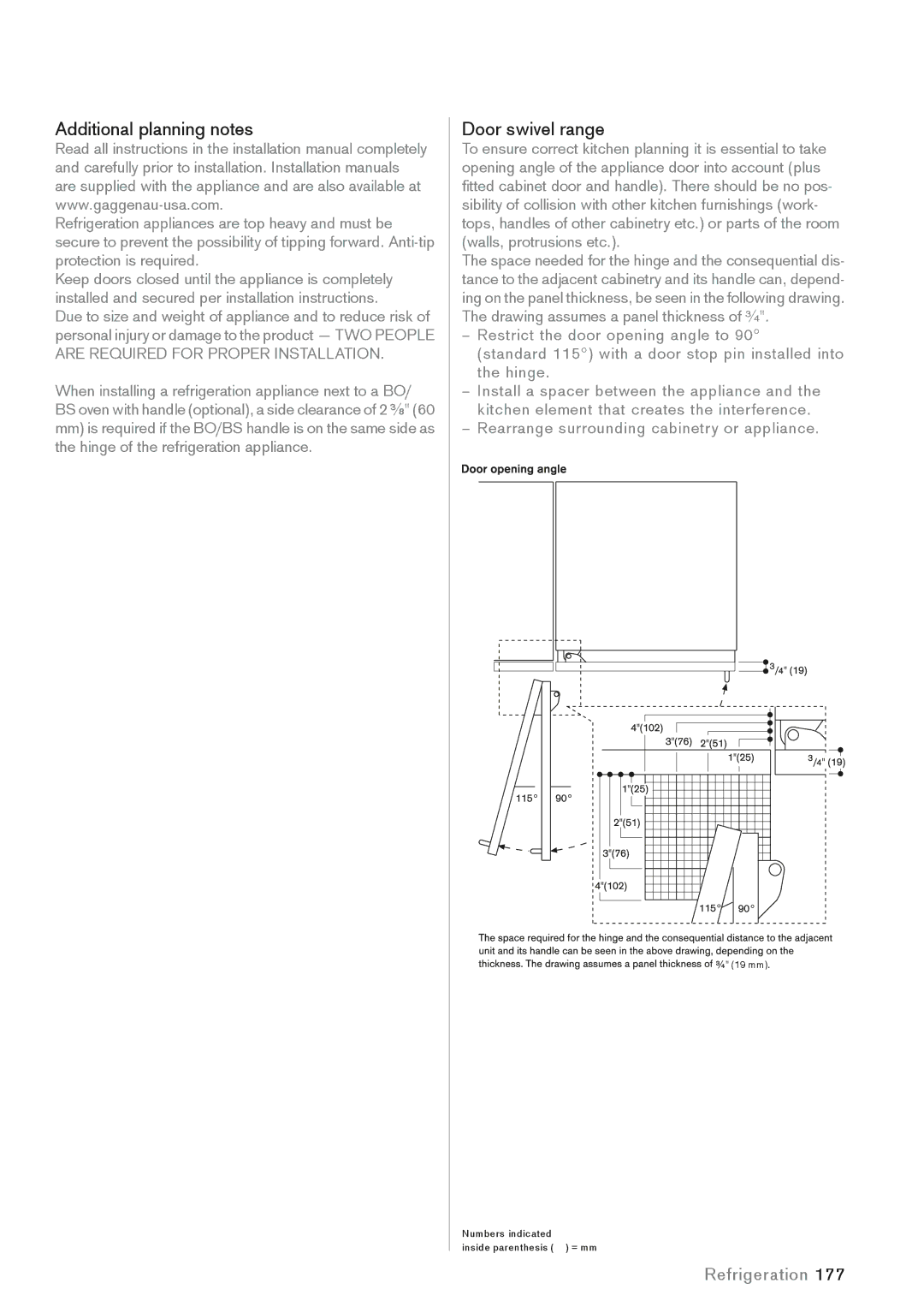 Gaggenau 457, 762, 756, 830, 690, 265, 395, 677, 235, 385, 525, 330, 363, 610, 538, 603, 299 Additional planning notes, Door swivel range 