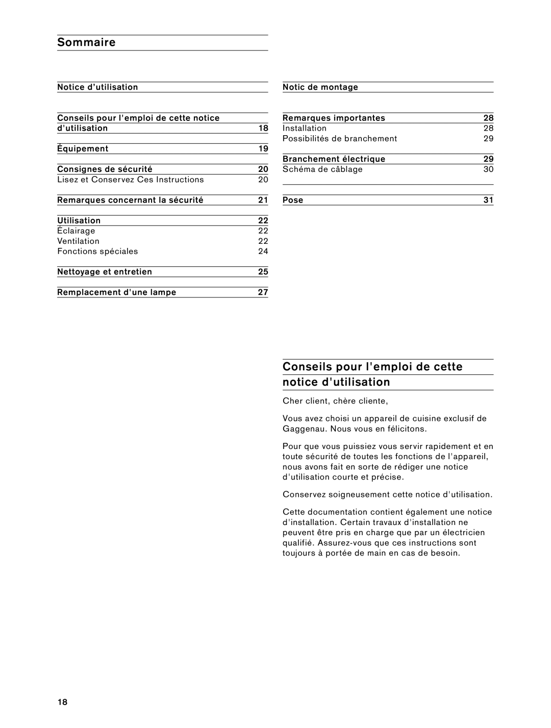 Gaggenau 900791 installation instructions Sommaire, Conseils pour lemploi de cette 