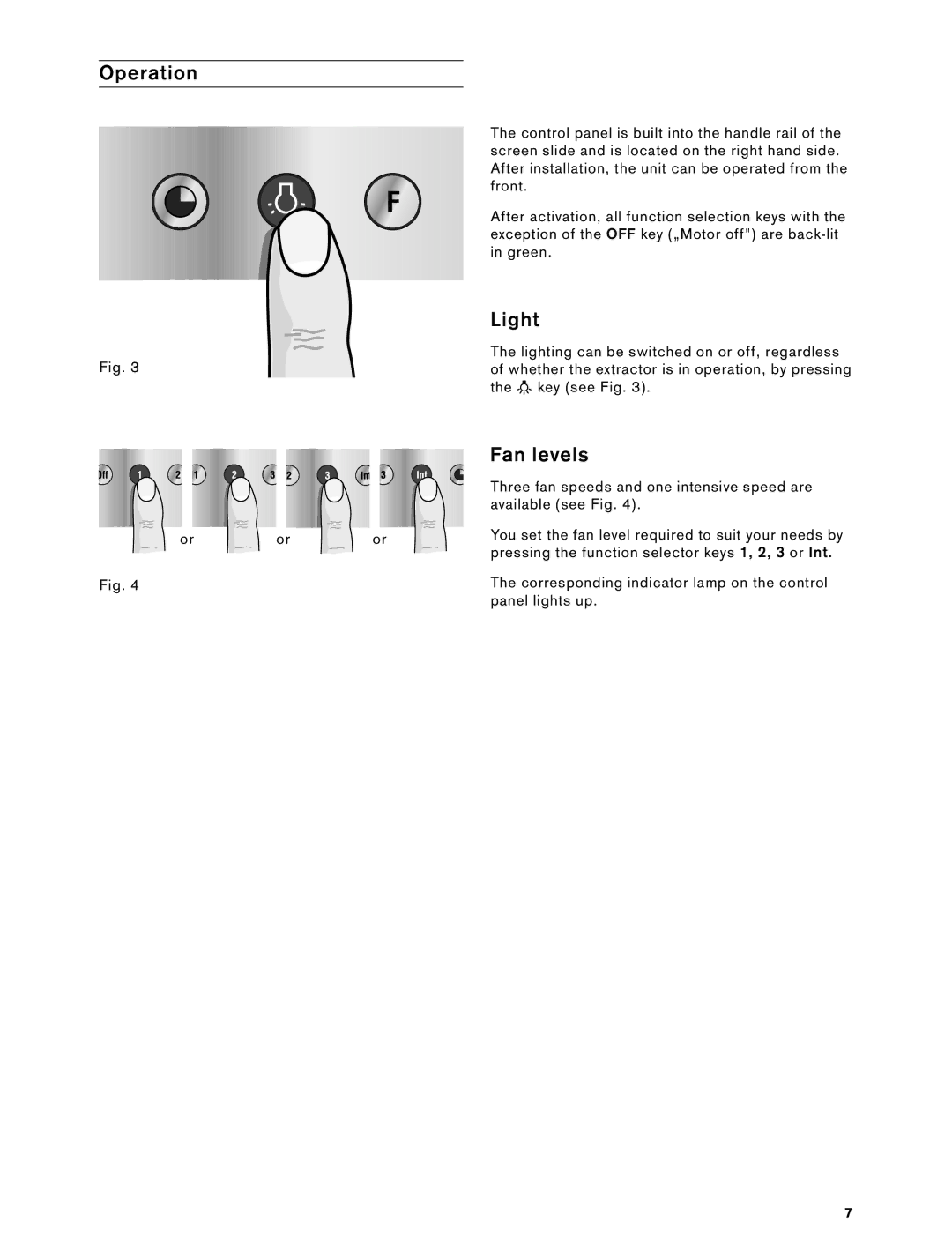 Gaggenau 900791 installation instructions Operation, Light, Fan levels 