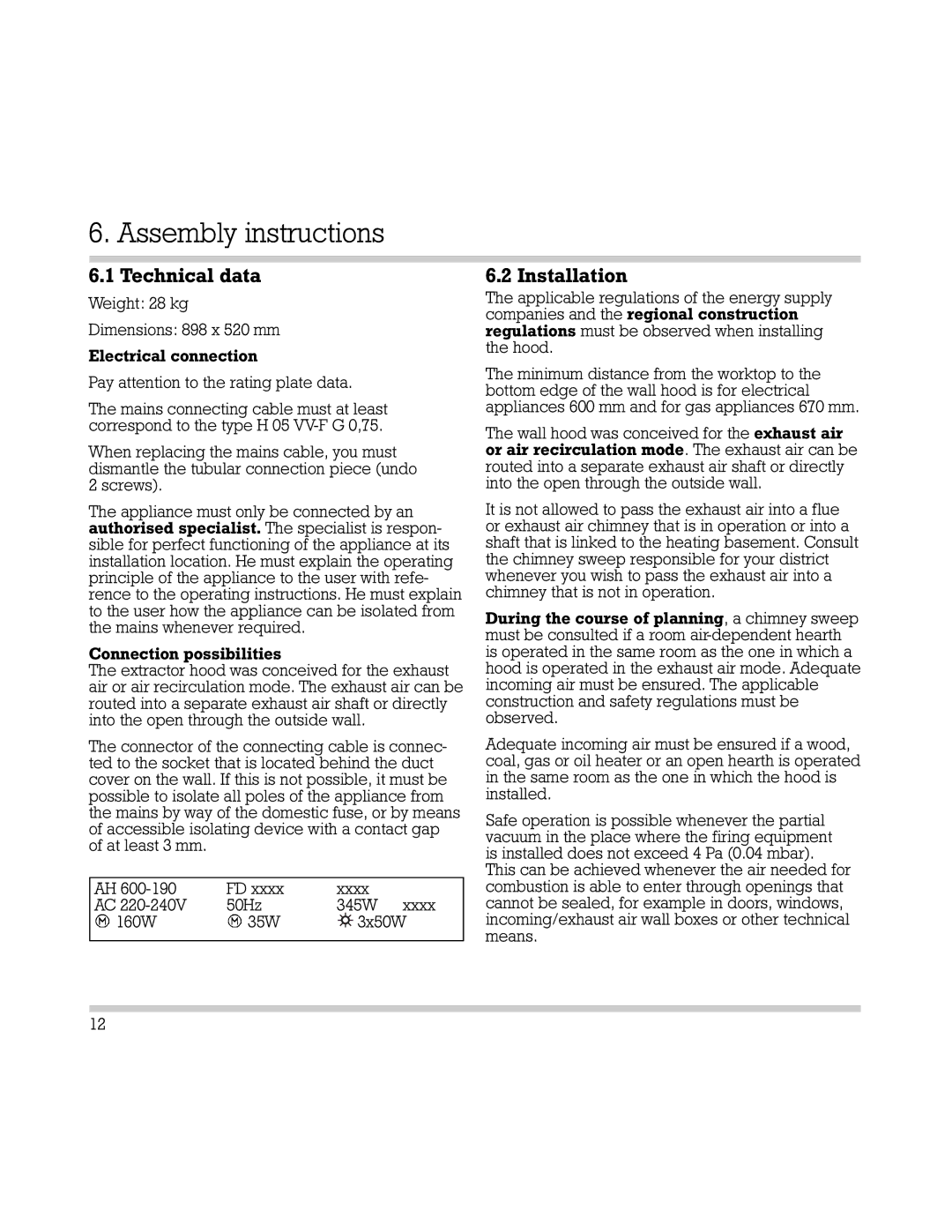 Gaggenau AH 600-190 manual Assembly instructions, Technical data, Installation 