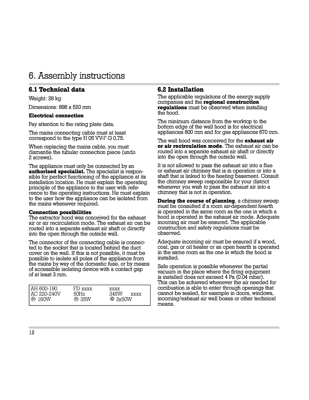 Gaggenau AH 600-190 manual Assembly instructions, Technical data, Installation 