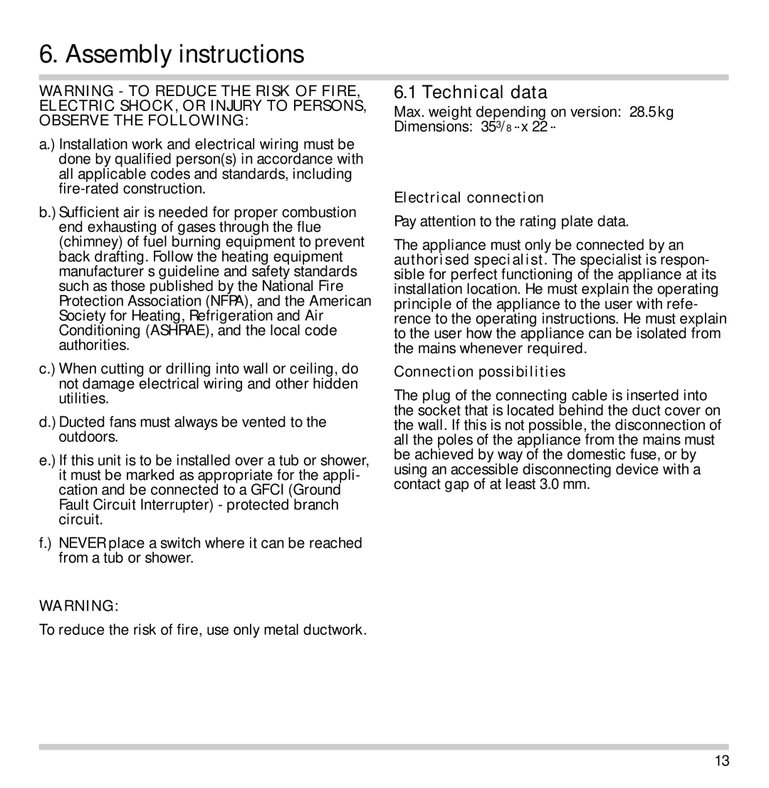 Gaggenau AW 201-790, AW 200-790 manual Assembly instructions, Technical data 