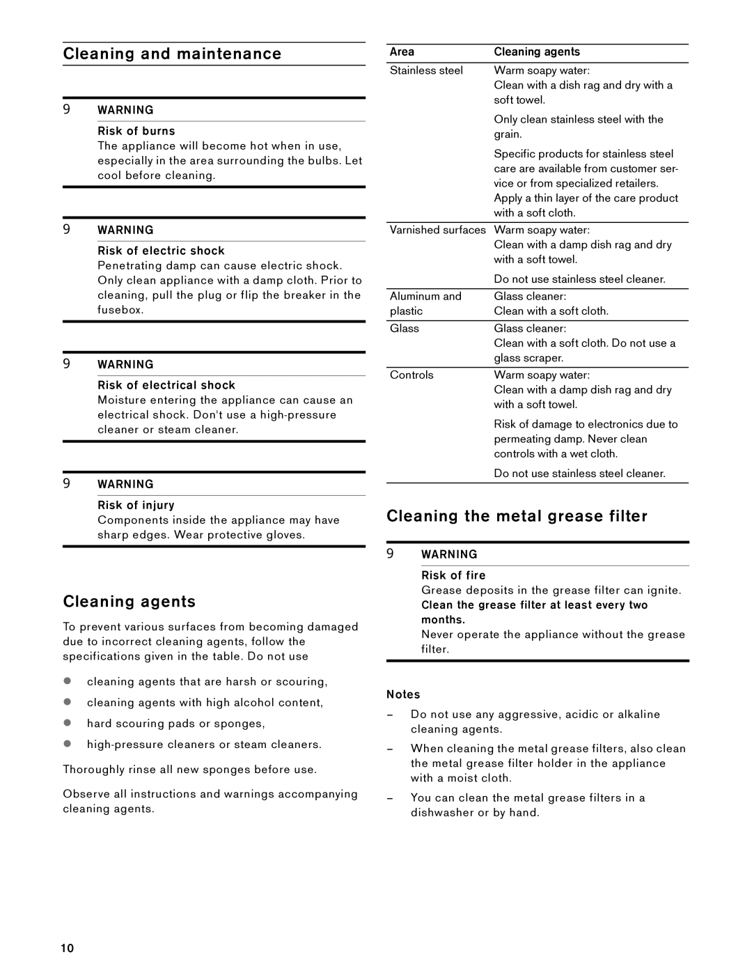 Gaggenau AW 230 790 manual Cleaning and maintenance, Cleaning agents, Cleaning the metal grease filter 