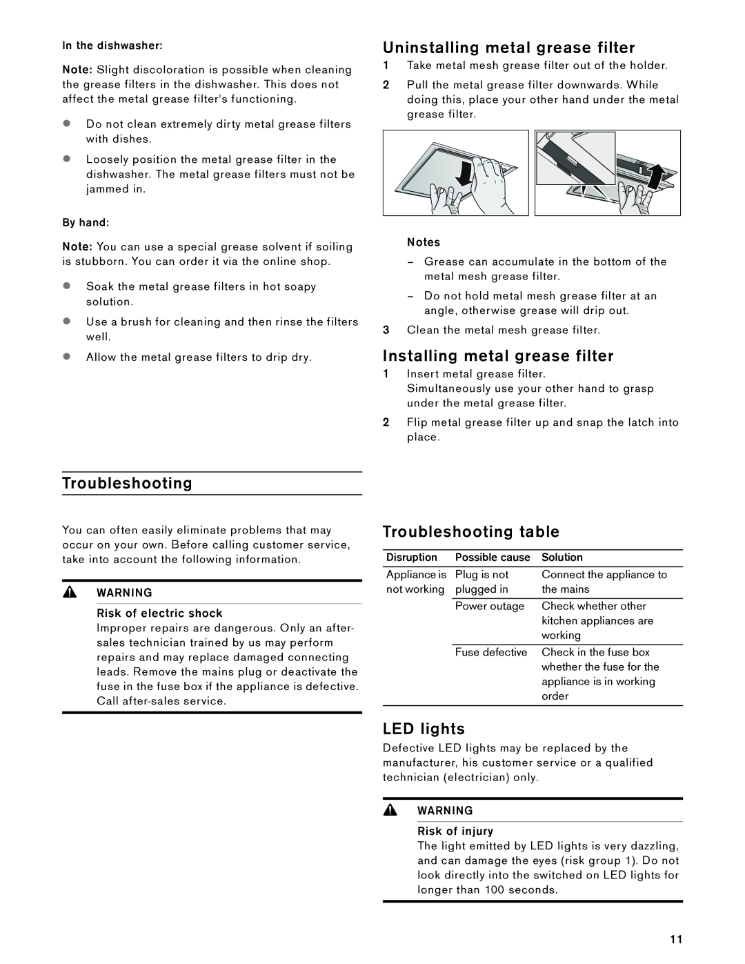 Gaggenau AW 230 790 manual Uninstalling metal grease filter, Installing metal grease filter, Troubleshooting, LED lights 