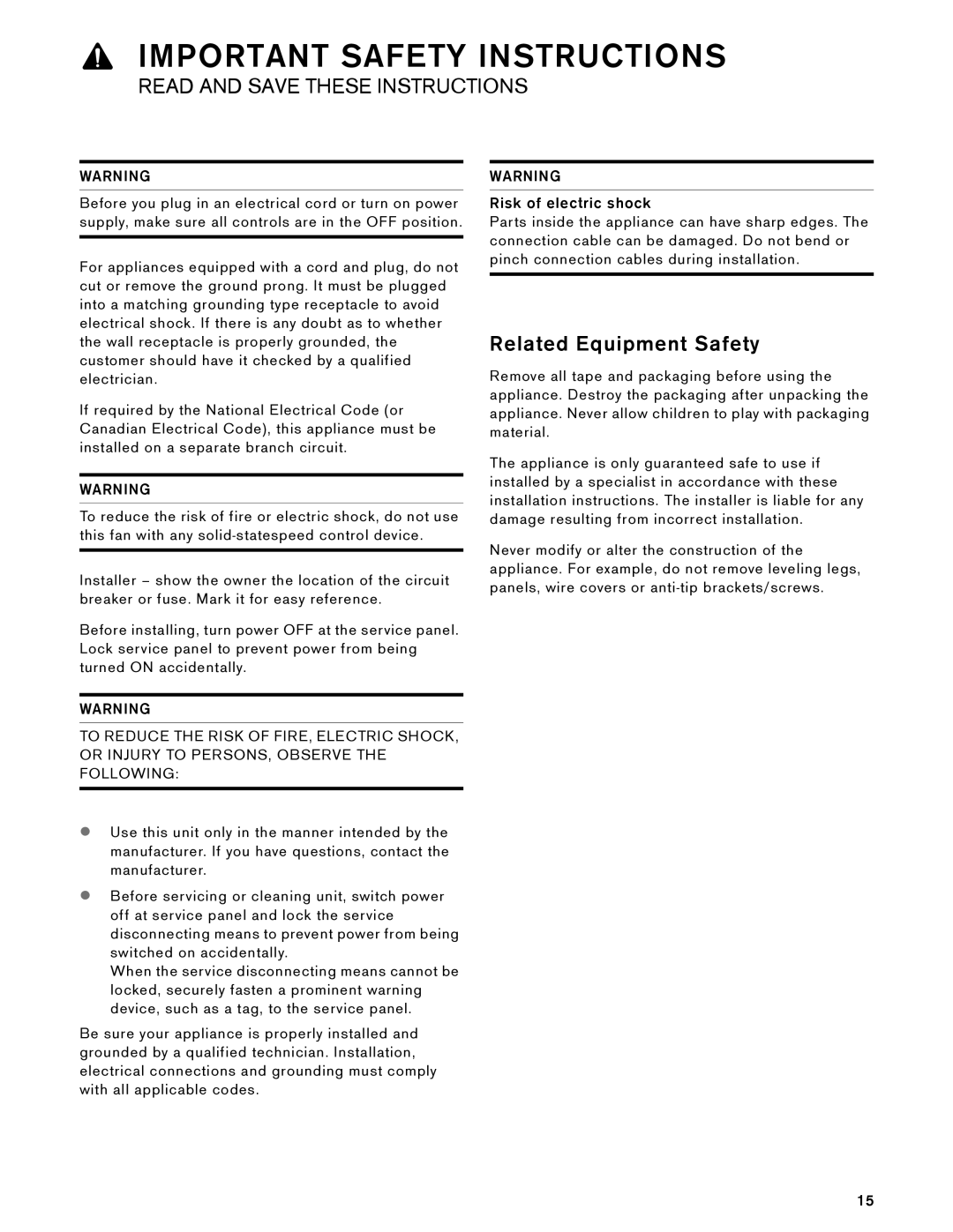 Gaggenau AW 230 790 manual Related Equipment Safety, Risk of electric shock 