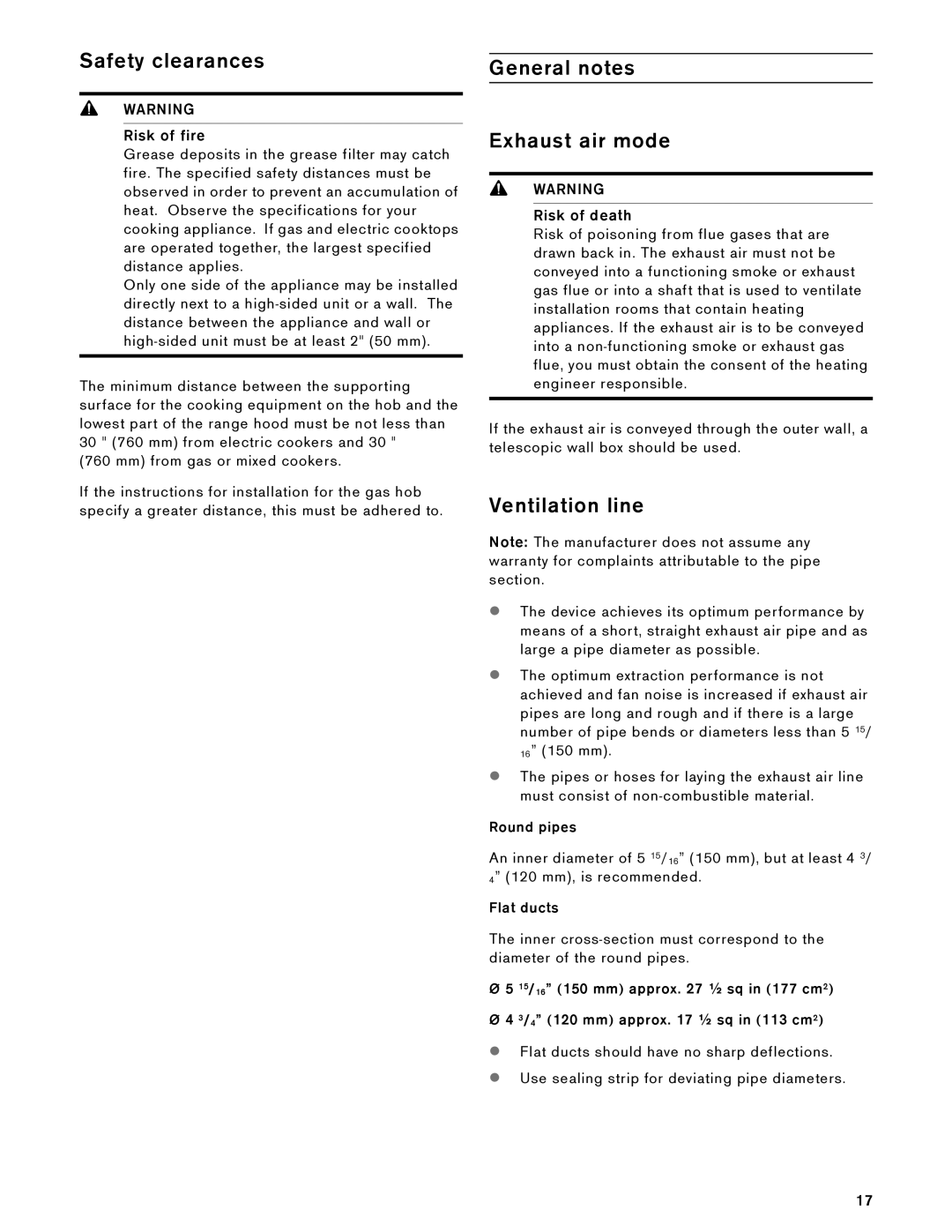 Gaggenau AW 230 790 manual Safety clearances, General notes Exhaust air mode, Ventilation line 