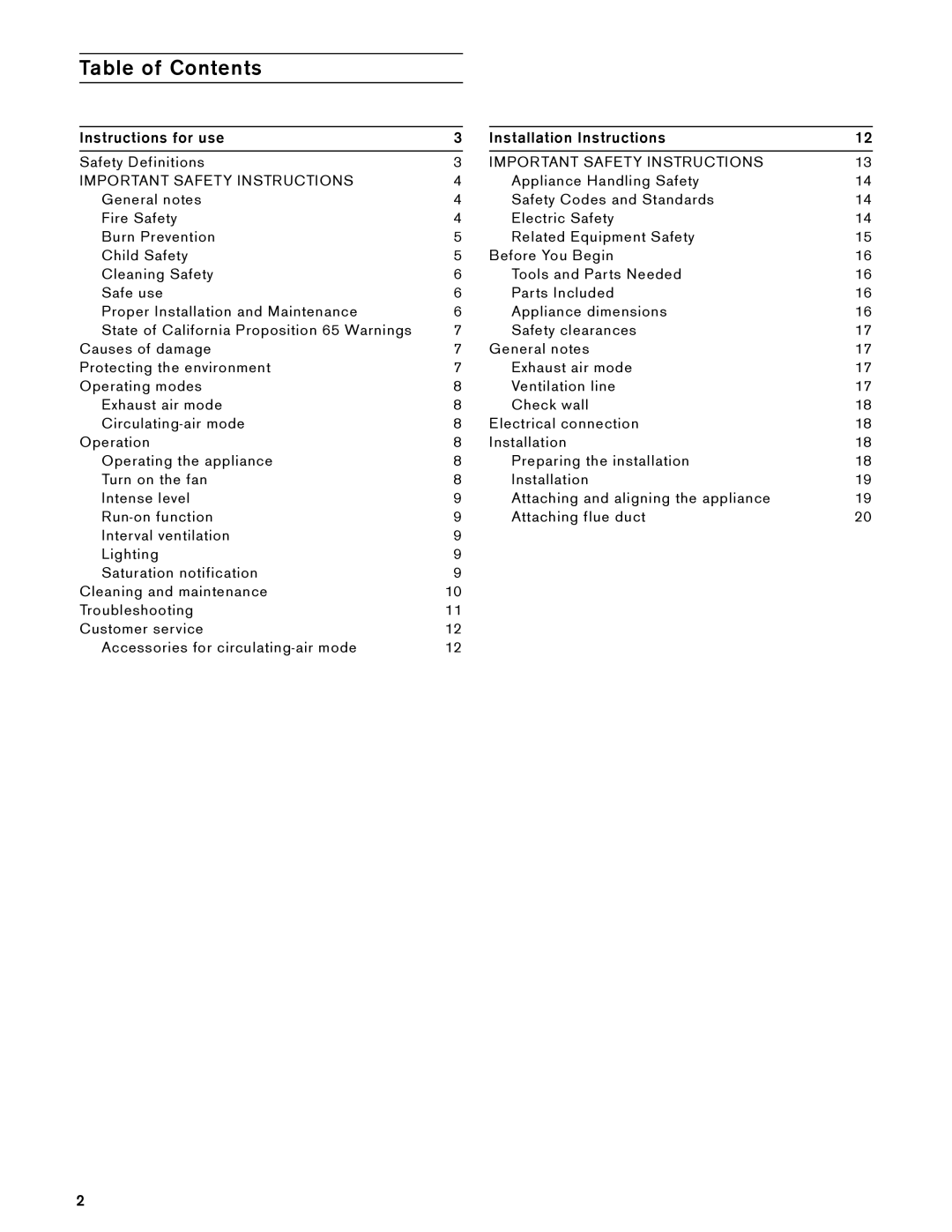 Gaggenau AW 230 790 manual Table of Contents 