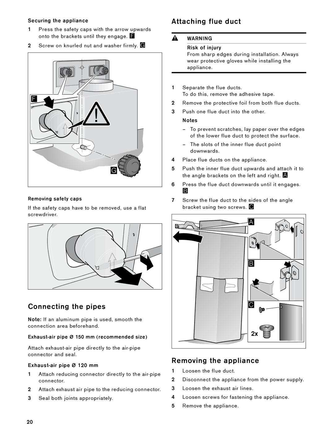 Gaggenau AW 230 790 manual Connecting the pipes, Attaching flue duct, Removing the appliance 