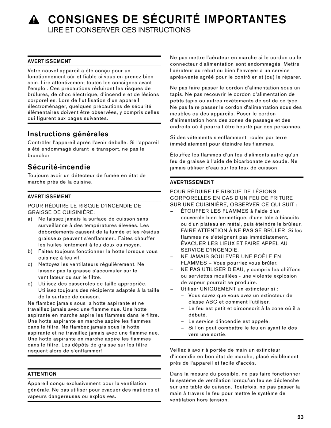 Gaggenau AW 230 790 manual Instructions générales, Sécurité-incendie 