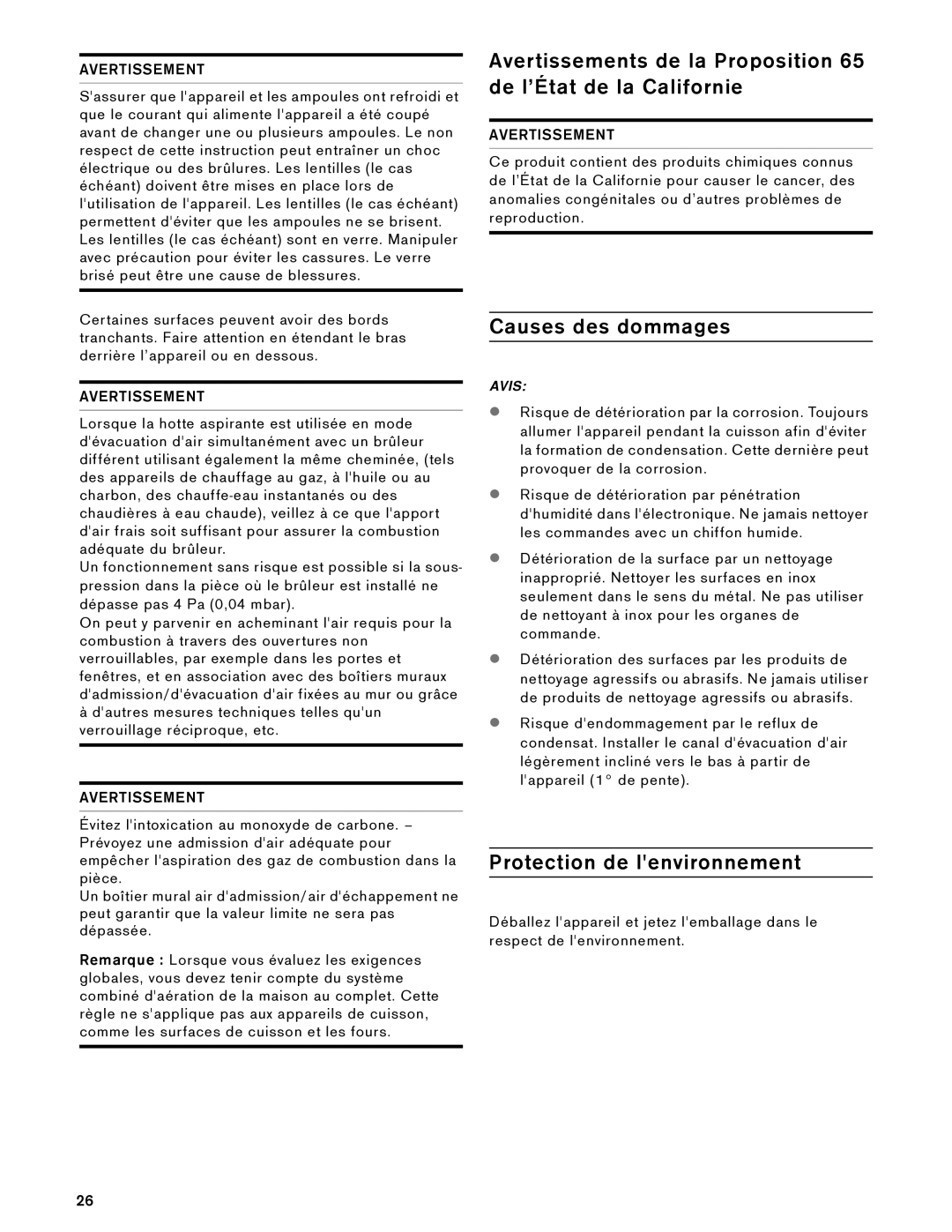 Gaggenau AW 230 790 manual Causes des dommages, Protection de lenvironnement 