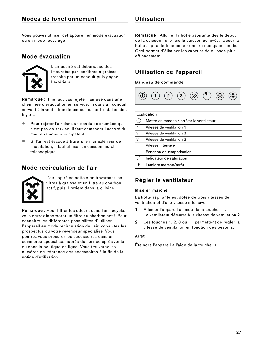 Gaggenau AW 230 790 manual Modes de fonctionnement Utilisation, Mode évacuation, Mode recirculation de lair 