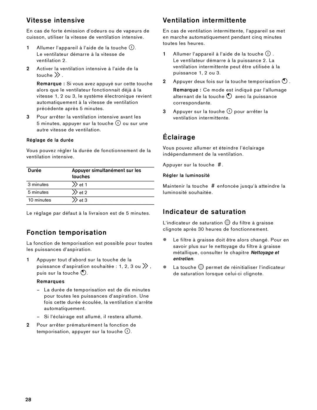 Gaggenau AW 230 790 manual Vitesse intensive, Fonction temporisation, Ventilation intermittente, Éclairage 