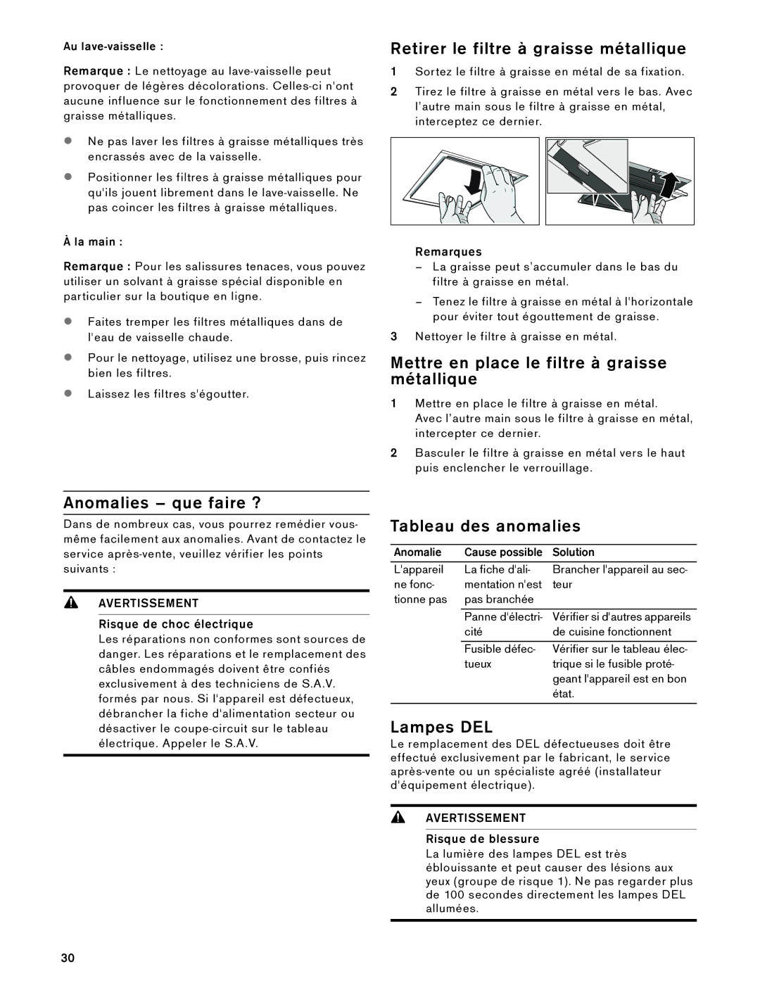 Gaggenau AW 230 790 manual Anomalies que faire ?, Retirer le filtre à graisse métallique, Tableau des anomalies, Lampes DEL 