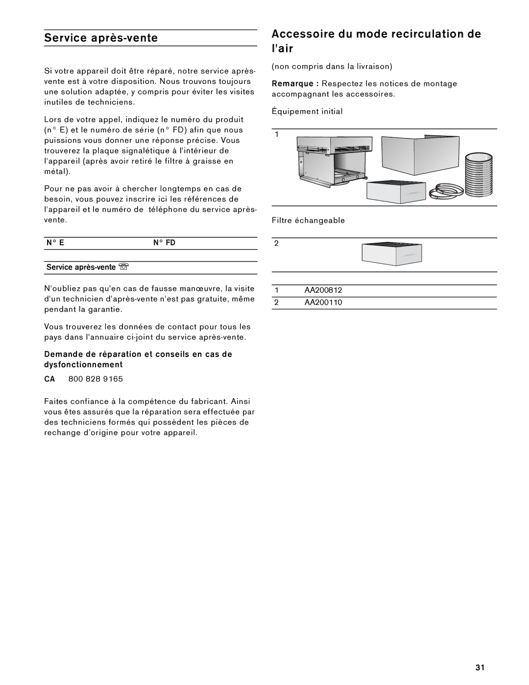 Gaggenau AW 230 790 manual Accessoire du mode recirculation de lair, Service après-vente O 