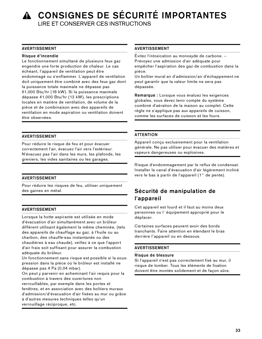 Gaggenau AW 230 790 manual Sécurité de manipulation de lappareil, Risque d’incendie 