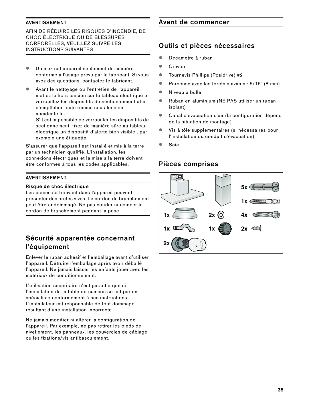 Gaggenau AW 230 790 manual Sécurité apparentée concernant léquipement, Avant de commencer Outils et pièces nécessaires 