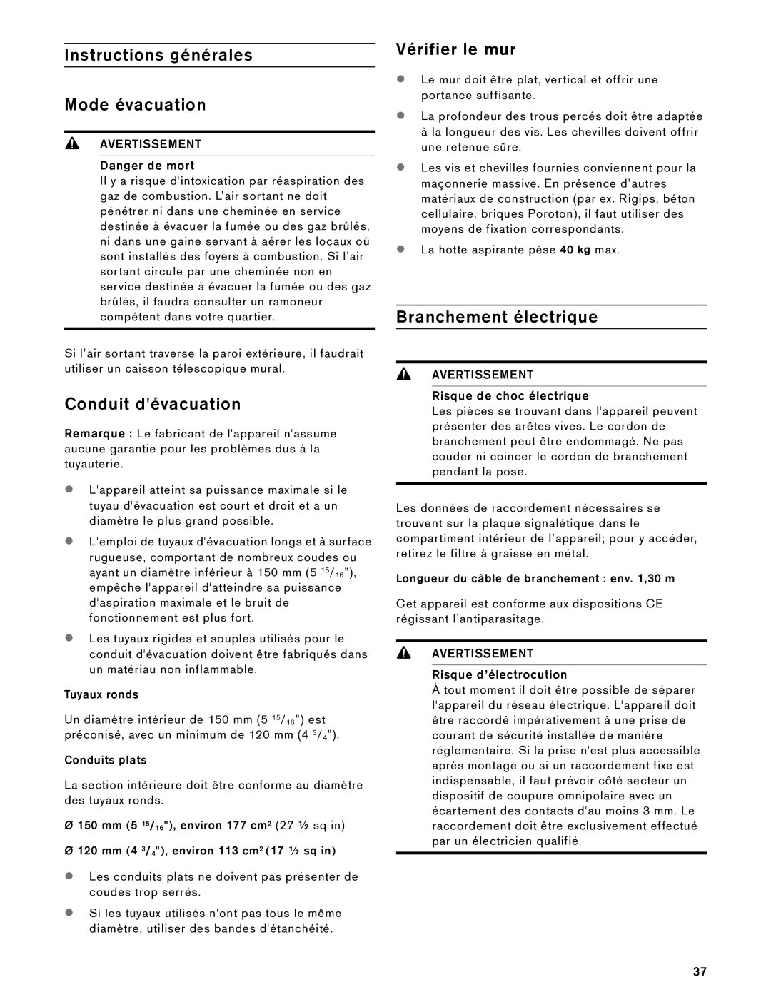 Gaggenau AW 230 790 Instructions générales Mode évacuation, Conduit dévacuation, Vérifier le mur, Branchement électrique 