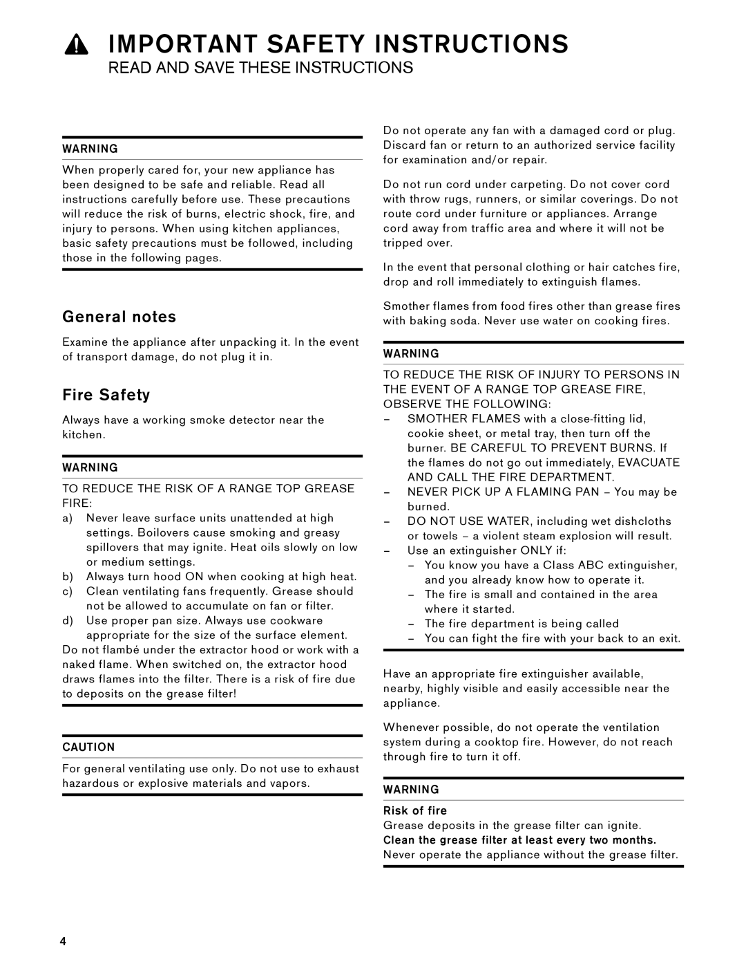 Gaggenau AW 230 790 manual General notes, Fire Safety, Risk of fire, Clean the grease filter at least every two months 