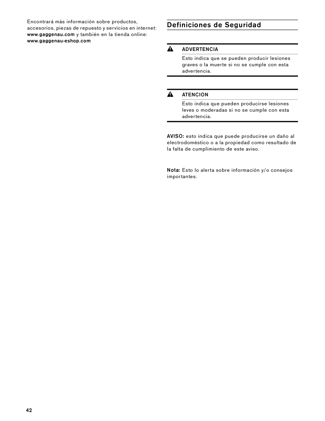 Gaggenau AW 230 790 manual Definiciones de Seguridad, Advertencia 