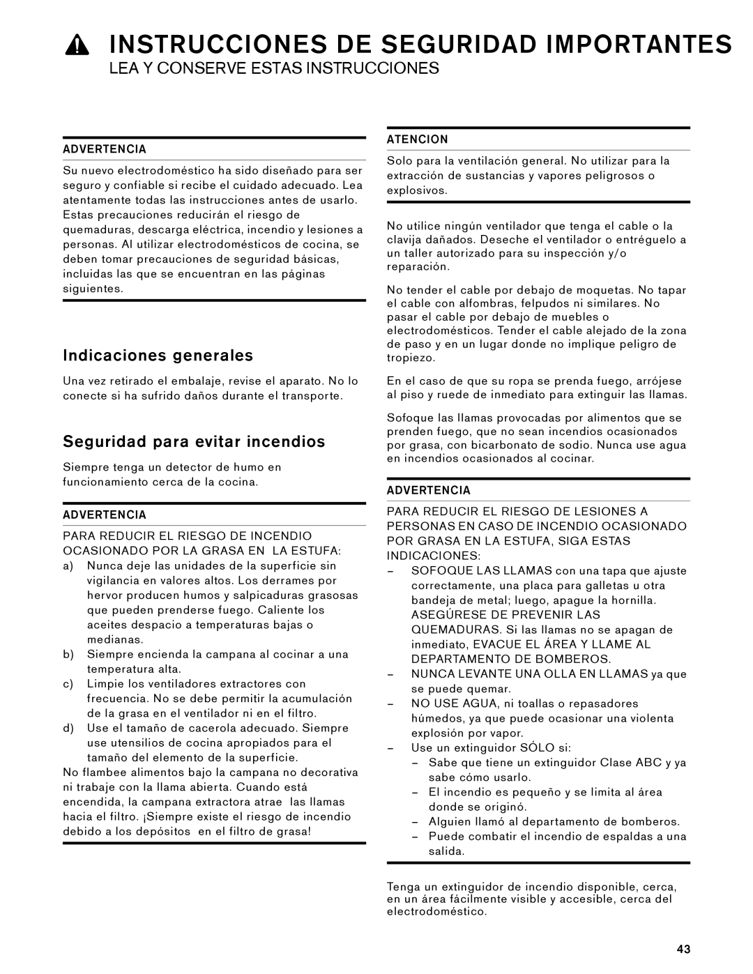 Gaggenau AW 230 790 manual Indicaciones generales, Seguridad para evitar incendios 