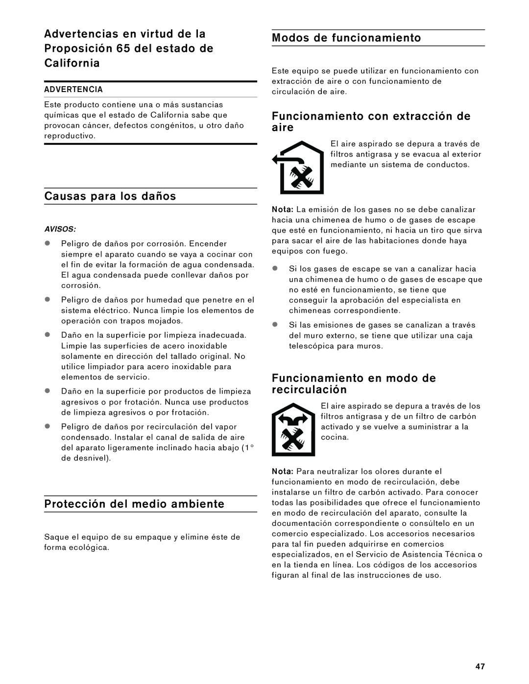 Gaggenau AW 230 790 manual Causas para los daños, Protección del medio ambiente, Modos de funcionamiento 