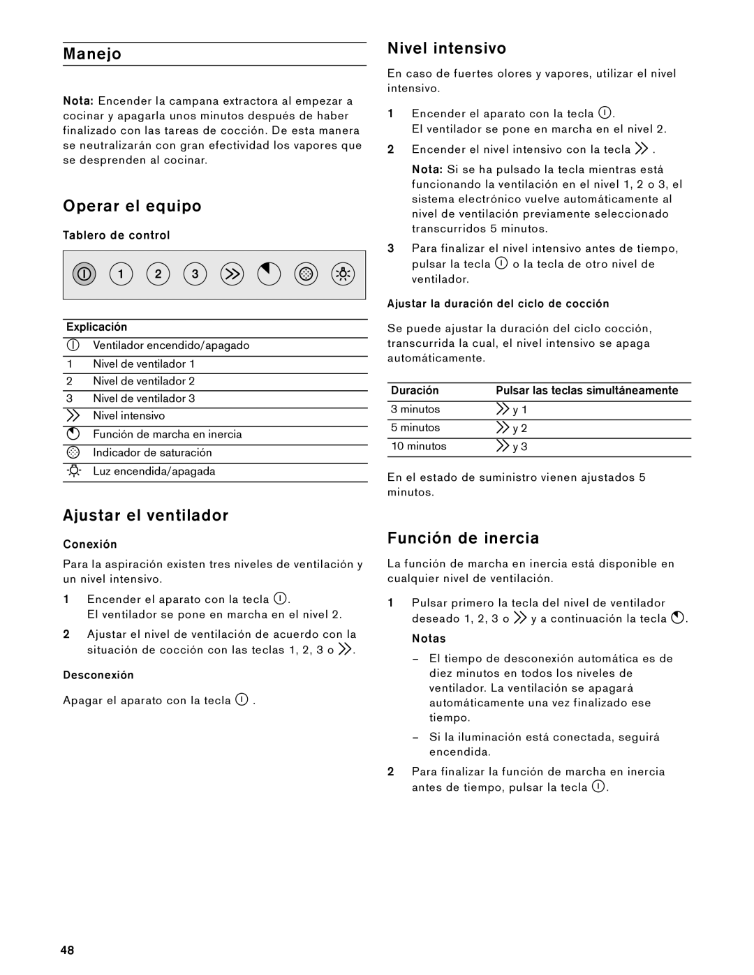 Gaggenau AW 230 790 manual Manejo, Operar el equipo, Ajustar el ventilador, Nivel intensivo, Función de inercia 