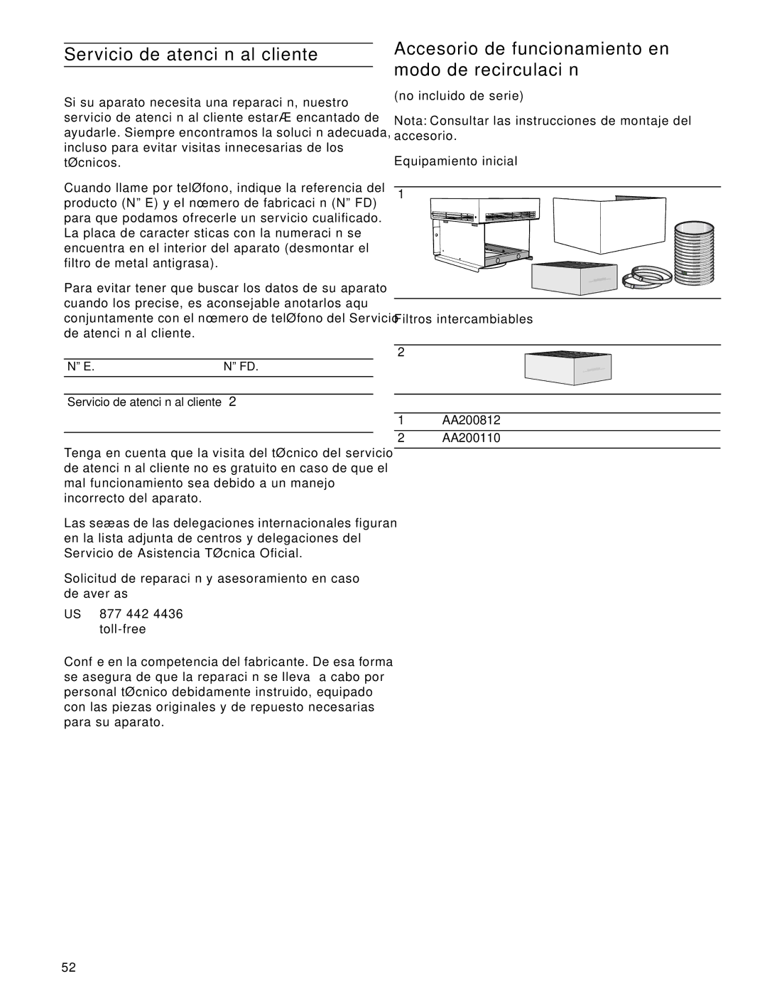 Gaggenau AW 230 790 manual Servicio de atención al cliente, Accesorio de funcionamiento en modo de recirculación 