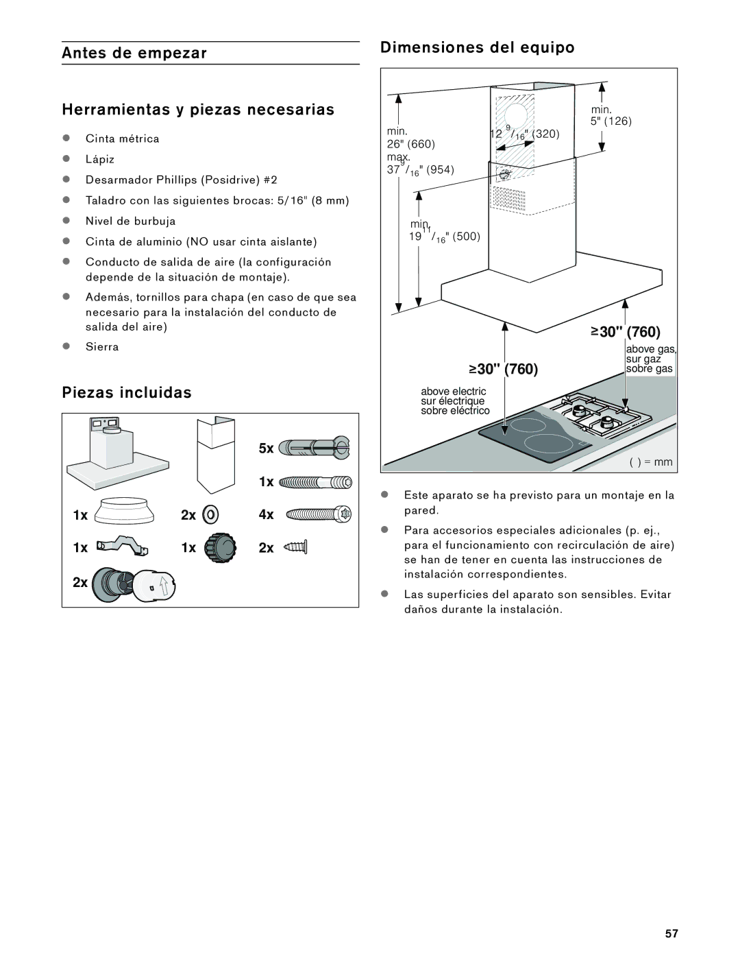 Gaggenau AW 230 790 manual Antes de empezar Herramientas y piezas necesarias, Dimensiones del equipo, Piezas incluidas 