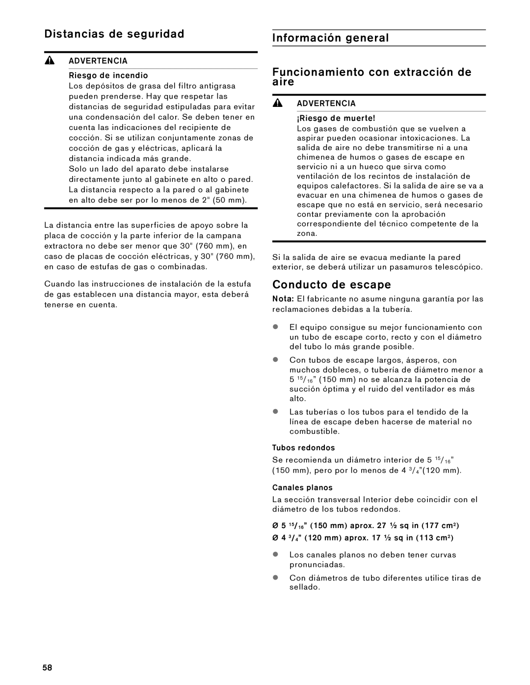 Gaggenau AW 230 790 Distancias de seguridad, Información general Funcionamiento con extracción de aire, Conducto de escape 