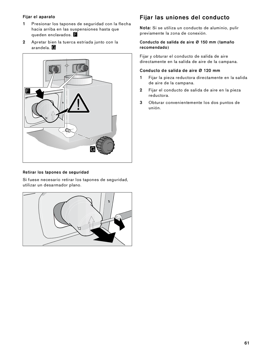 Gaggenau AW 230 790 manual Fijar las uniones del conducto, Fijar el aparato, Retirar los tapones de seguridad 