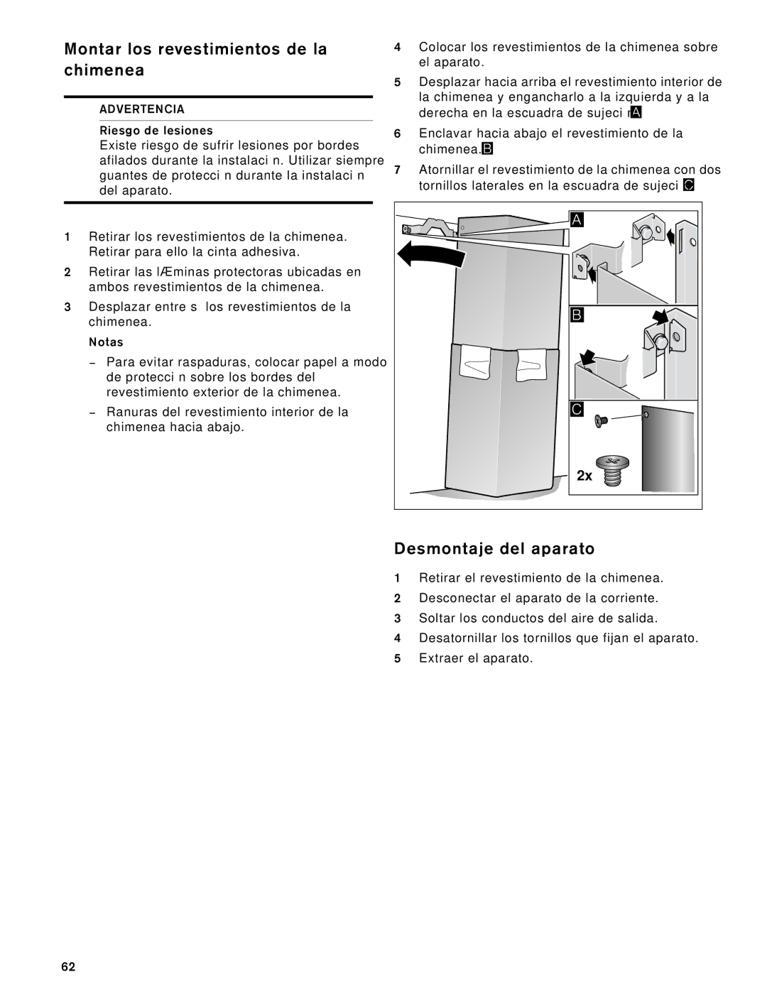 Gaggenau AW 230 790 manual Montar los revestimientos de la chimenea, Desmontaje del aparato 