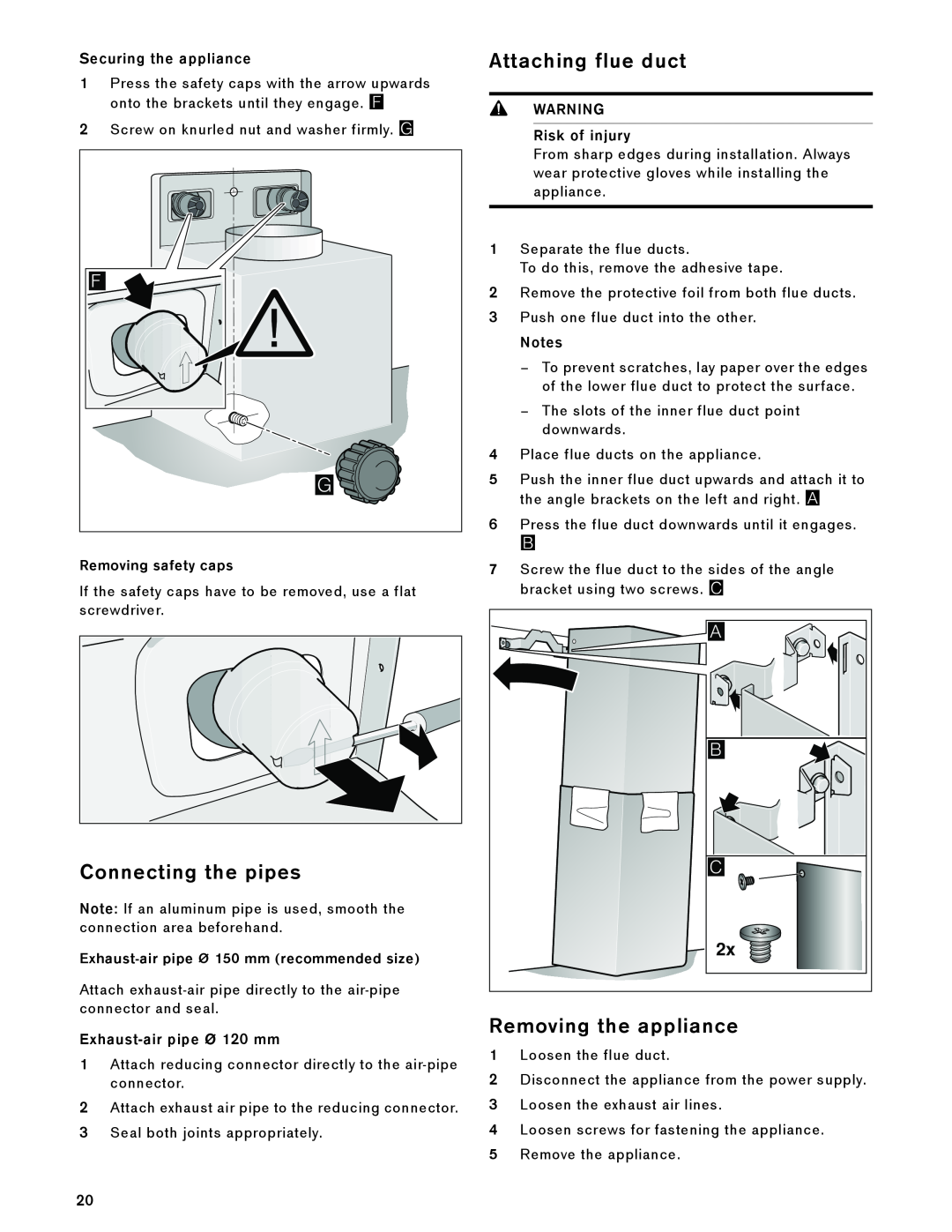 Gaggenau AW 230 790 manual Connecting the pipes, Attaching flue duct, Removing the appliance, Securing the appliance 