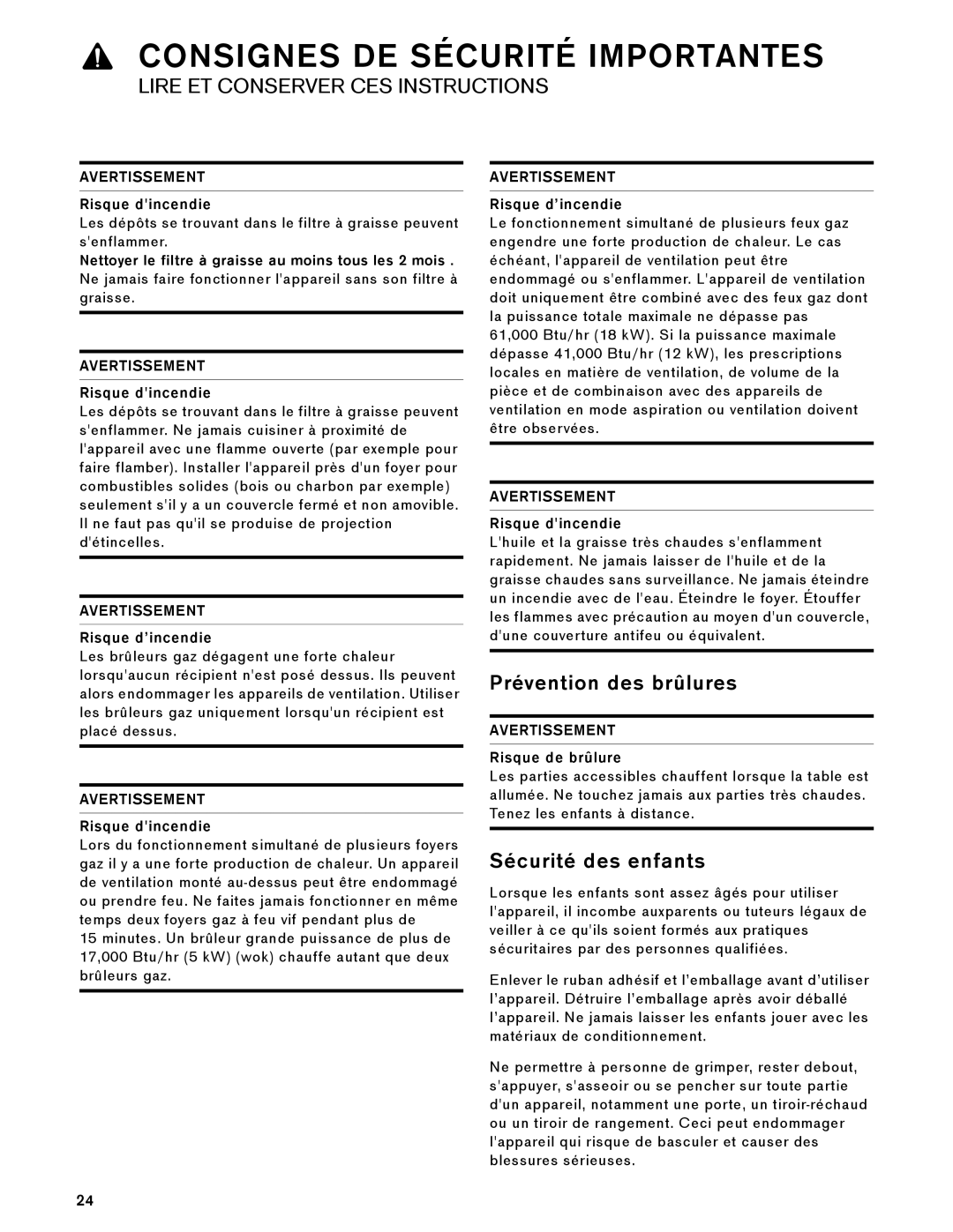Gaggenau AW 230 790 manual Prévention des brûlures, Sécurité des enfants, AVERTISSEMENT Risque dincendie 