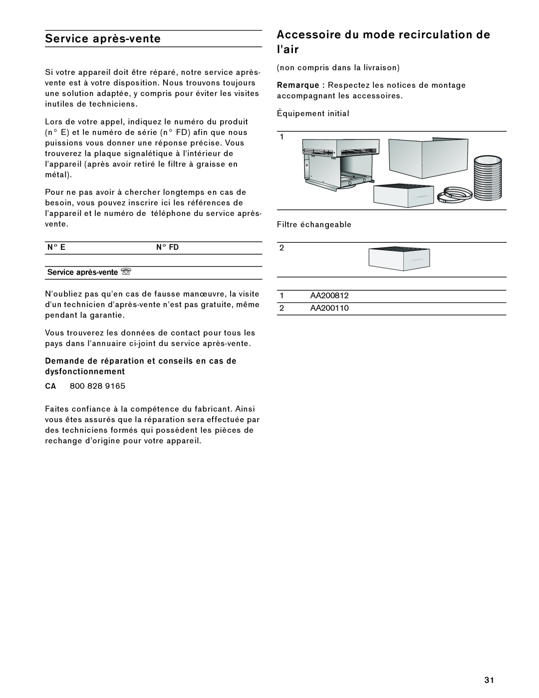 Gaggenau AW 230 790 manual Accessoire du mode recirculation de lair, N Fd, Service après-vente O 