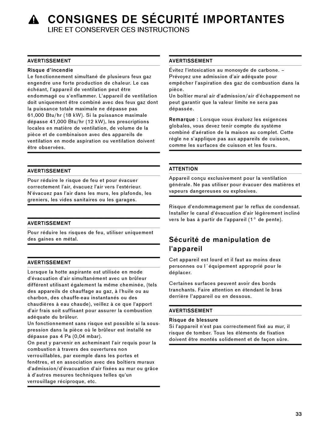 Gaggenau AW 230 790 manual Sécurité de manipulation de lappareil, Consignes De Sécurité Importantes, Avertissement 