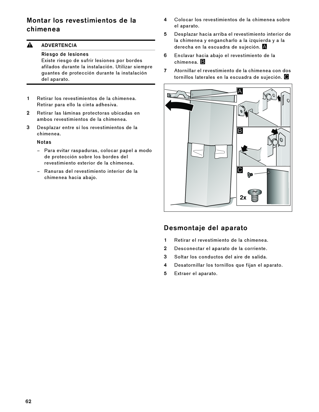 Gaggenau AW 230 790 manual Montar los revestimientos de la chimenea, Desmontaje del aparato, ADVERTENCIA Riesgo de lesiones 