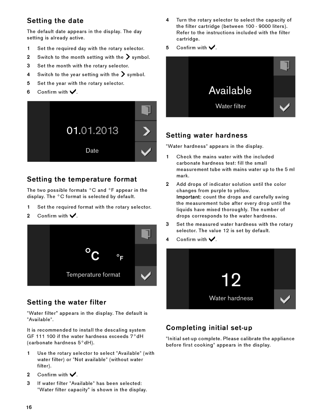 Gaggenau BS 484/485 610 Setting the date, Setting the temperature format, Setting the water filter, Setting water hardness 