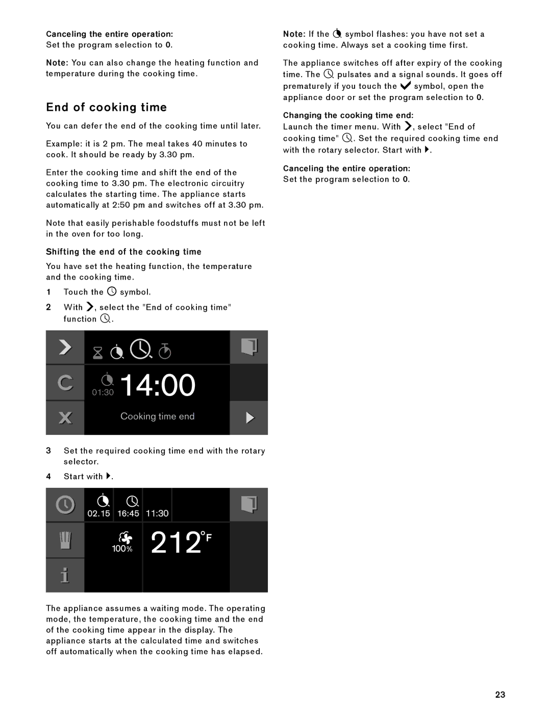 Gaggenau BS 474/475 610 manual End of cooking time, Canceling the entire operation, Shifting the end of the cooking time 