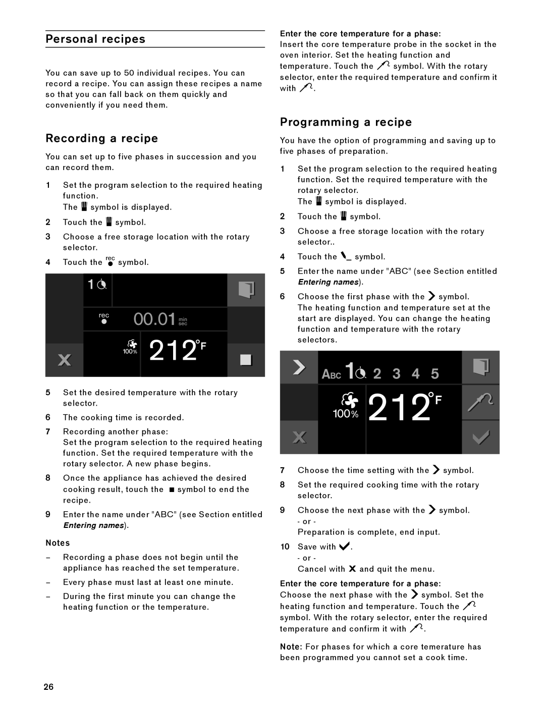 Gaggenau BS 484/485 610 Personal recipes, Recording a recipe, Programming a recipe, Enter the core temperature for a phase 