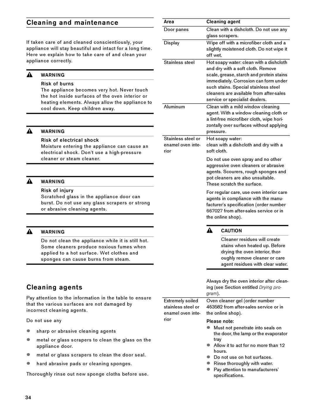 Gaggenau BS 484/485 610, BS 474/475 610 manual Cleaning and maintenance, Cleaning agents, Area Cleaning agent, Please note 