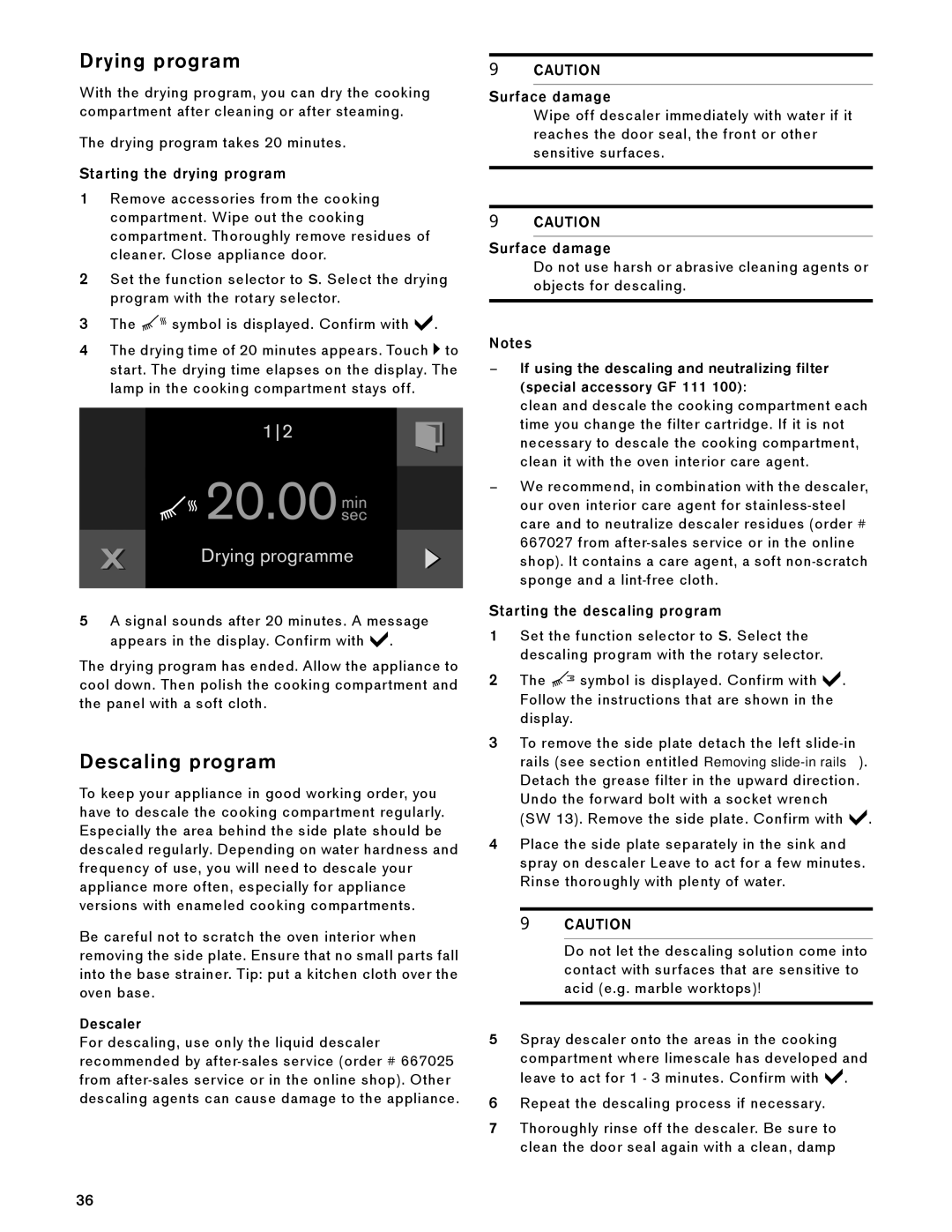 Gaggenau BS 484/485 610, BS 474/475 610 manual Drying program, Descaling program 