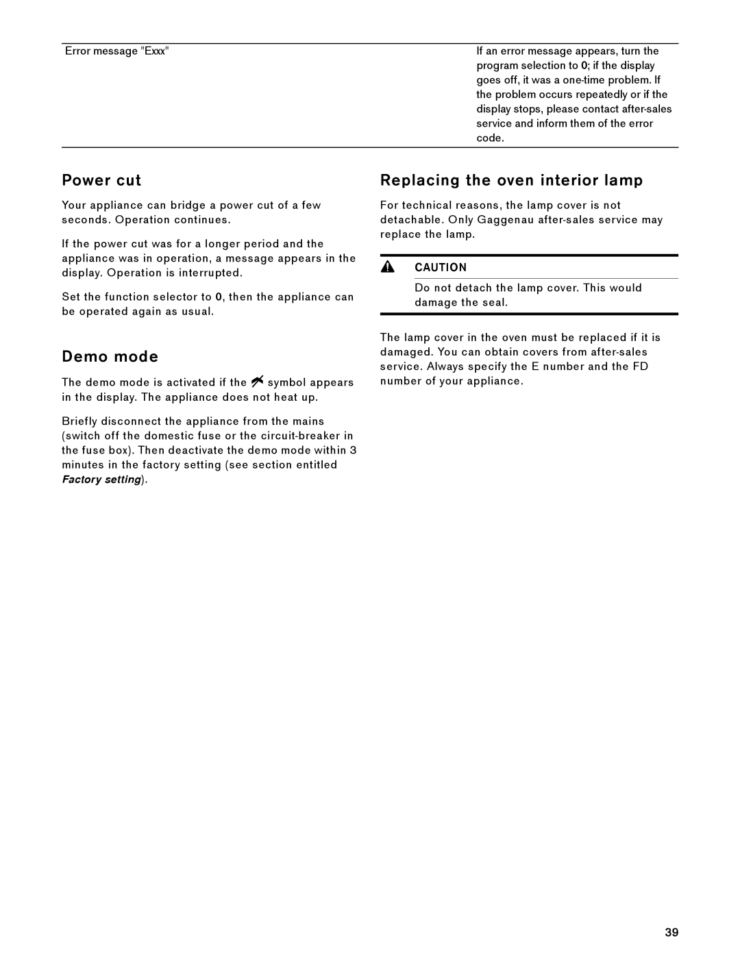 Gaggenau BS 474/475 610, BS 484/485 610 manual Power cut, Demo mode, Replacing the oven interior lamp 