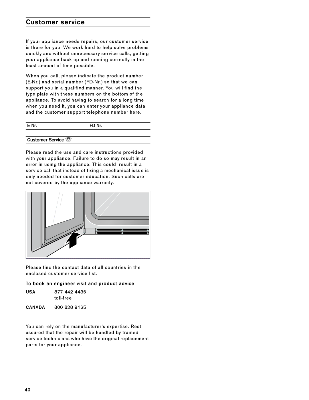 Gaggenau BS 484/485 610 manual Customer service, Nr.FD-Nr Customer Service O, To book an engineer visit and product advice 